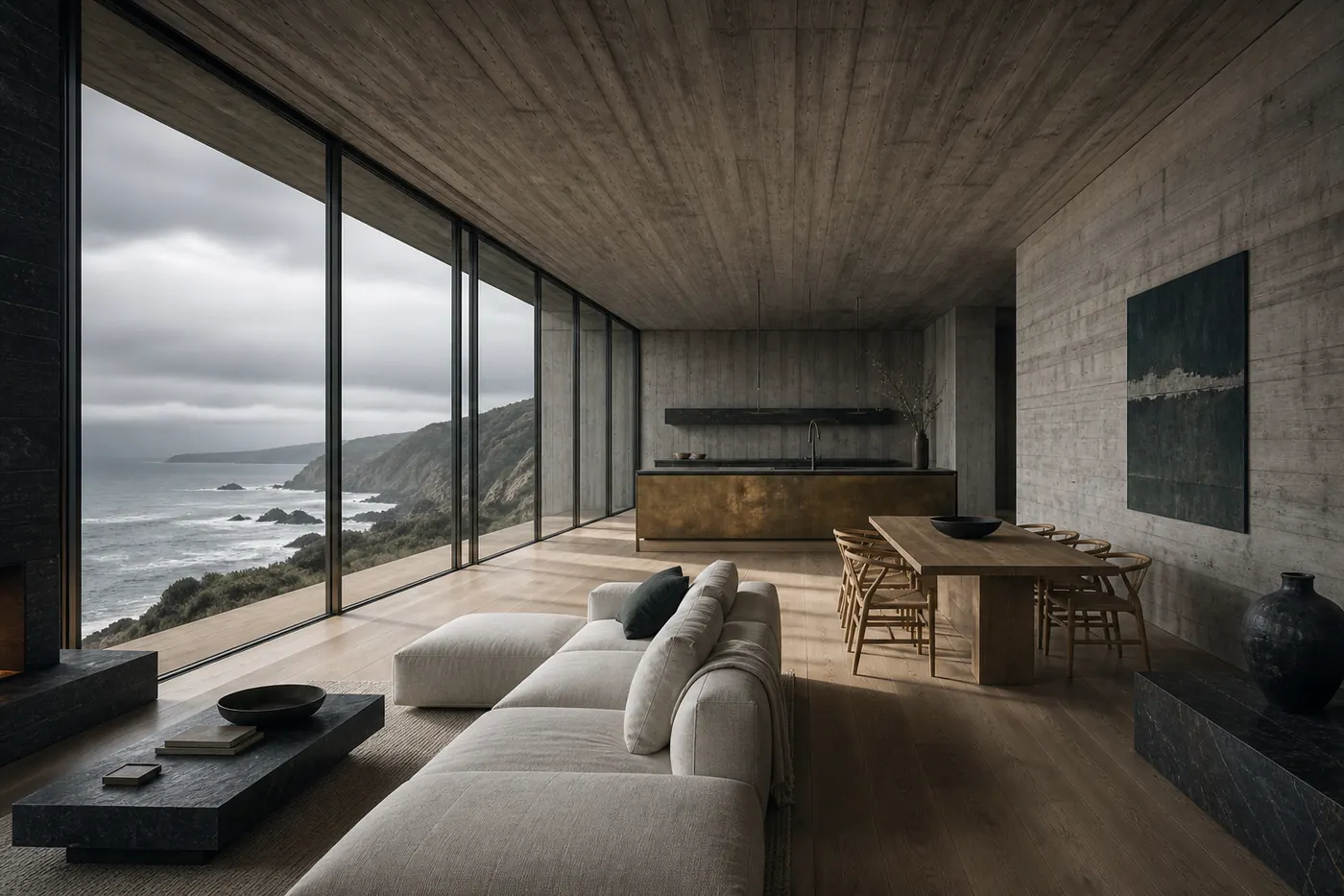 AI-generated coastal living room in the fictional Calloway Coastal house